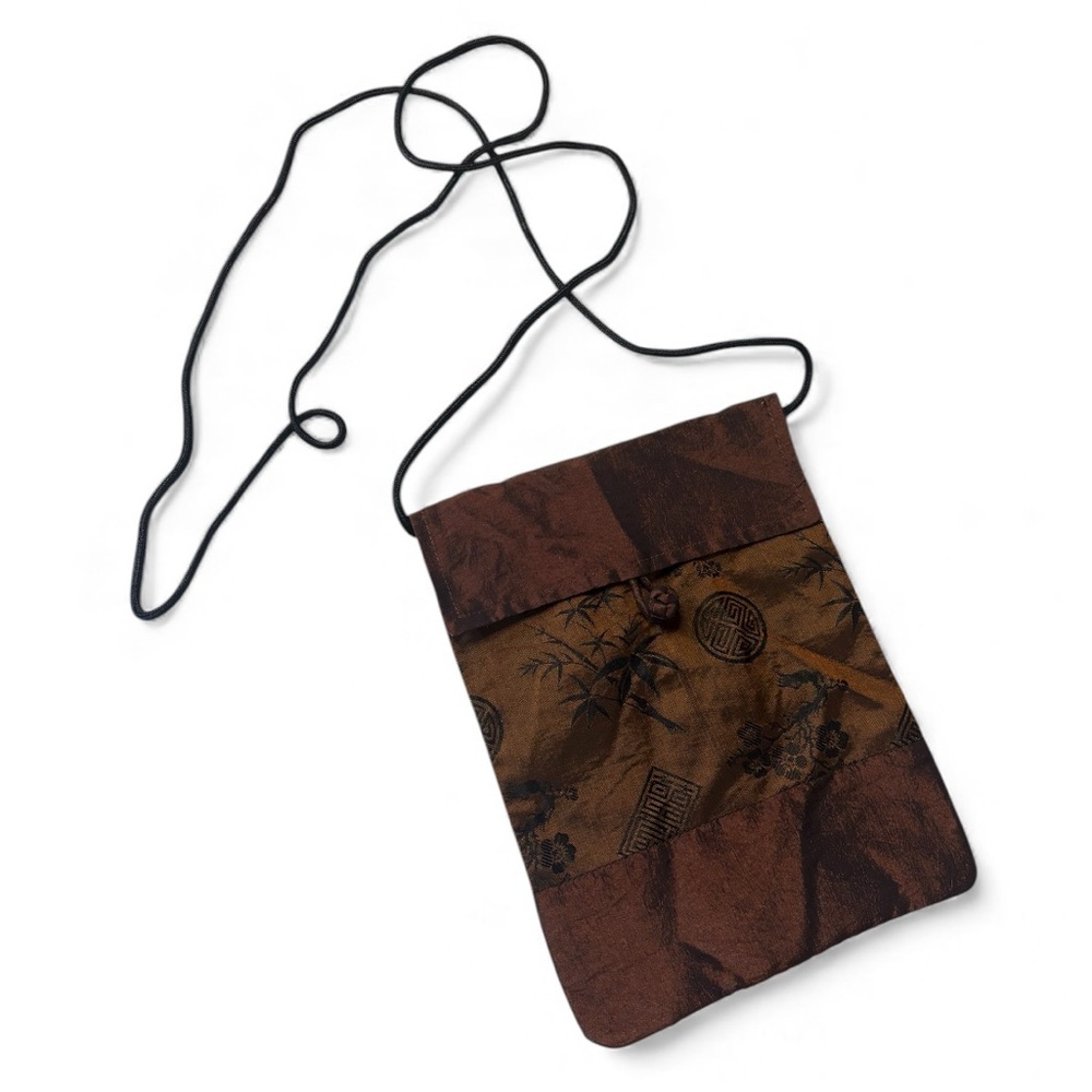 Vintage 90s Red Blossom Satin Crossbody Bag Bronze Brown Asian Print